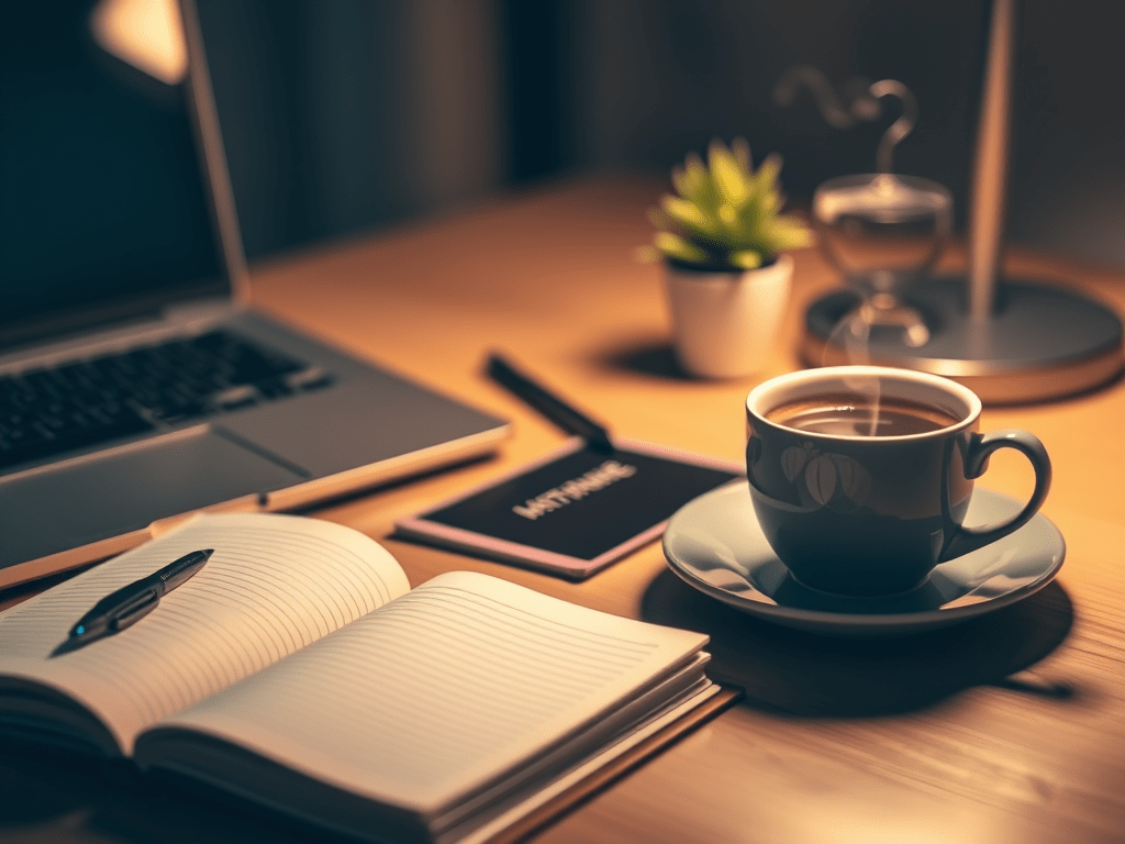 A desk laid out with a journal, laptop, and cup of coffee.